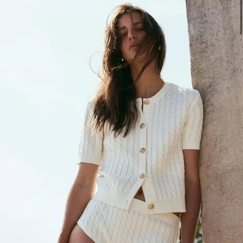 Cable Knit Button-Up Cardigan Tee | Short Sleeve Retro Top in Multiple Colors