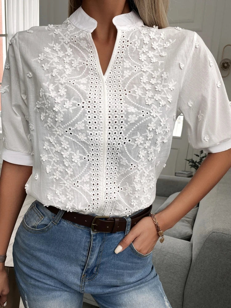 Embroidered Elegance Blouse | Feminine Texture | Polished Simplicity