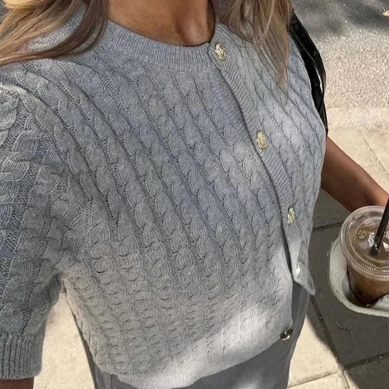 Cable Knit Button-Up Cardigan Tee | Short Sleeve Retro Top in Multiple Colors