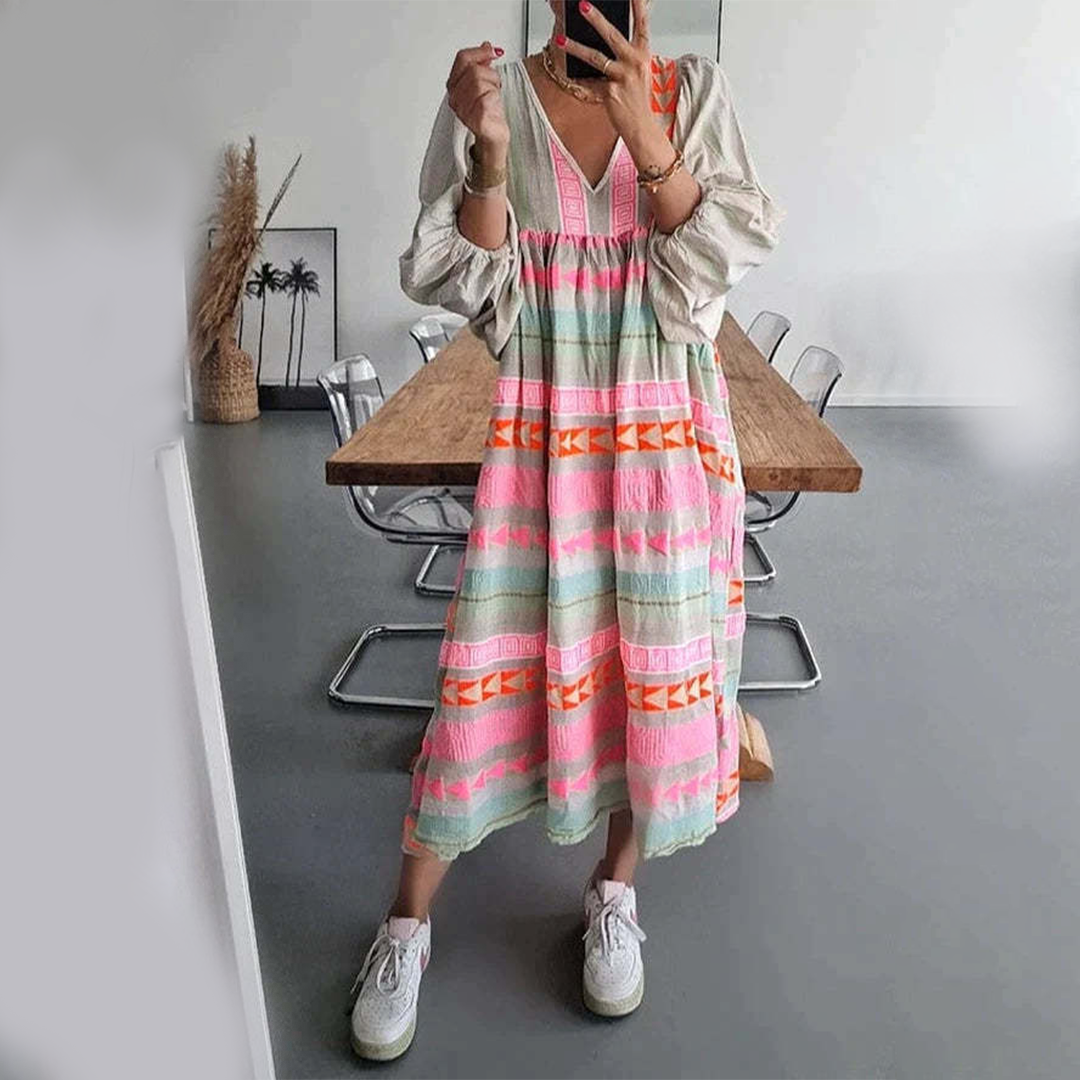 Boho Geo Embroidered Midi Dress | Artful Ease for Everyday