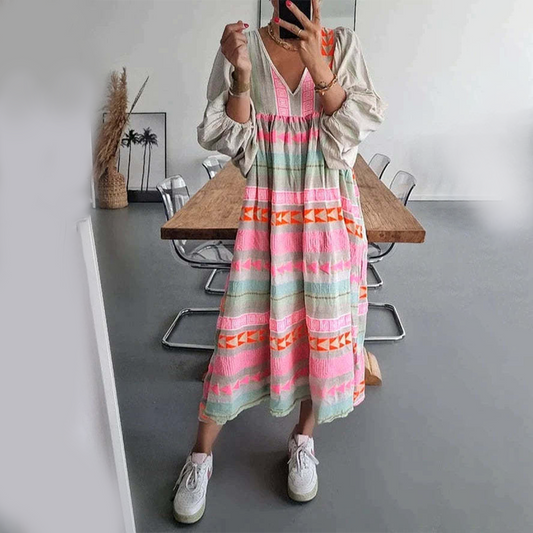 Boho Geo Embroidered Midi Dress | Artful Ease for Everyday
