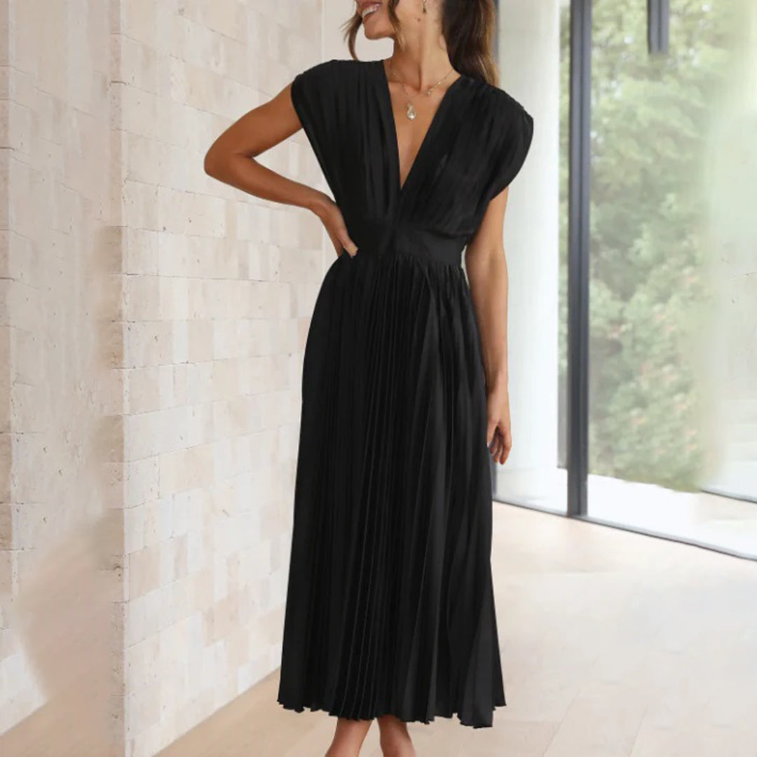 Pleated Deep V Midi Dress | Graceful Movement Meets Sculptural Elegance