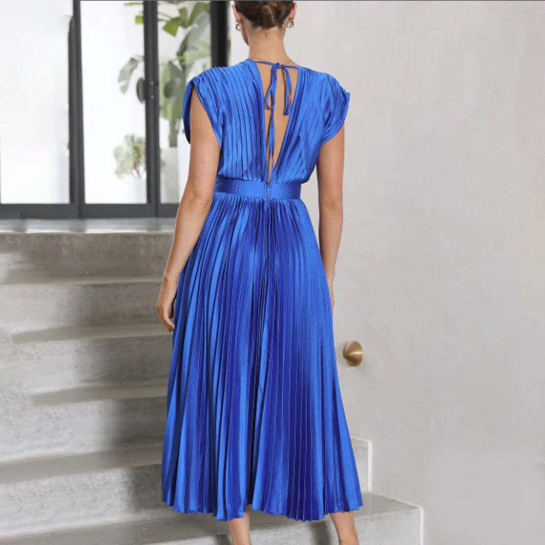 Pleated Deep V Midi Dress | Graceful Movement Meets Sculptural Elegance