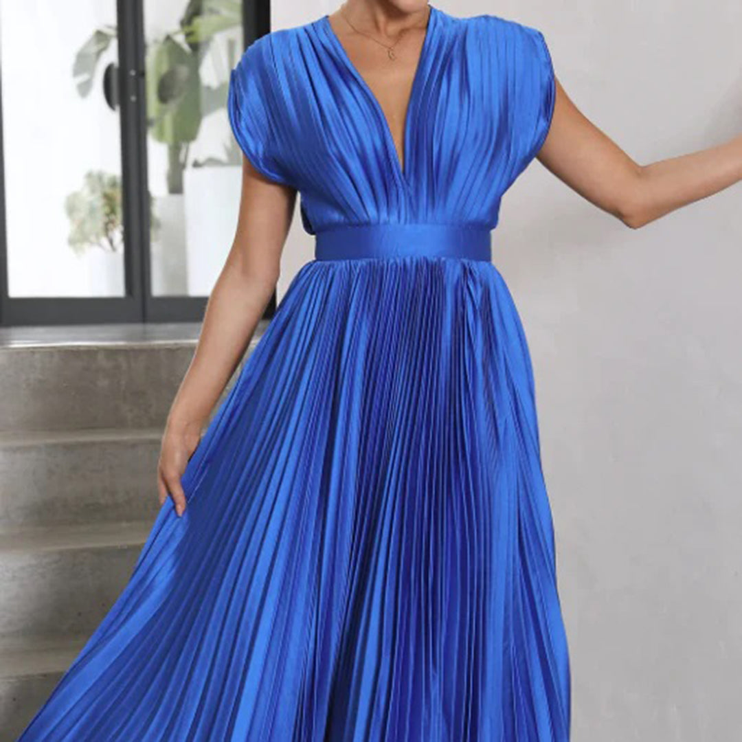 Pleated Deep V Midi Dress | Graceful Movement Meets Sculptural Elegance