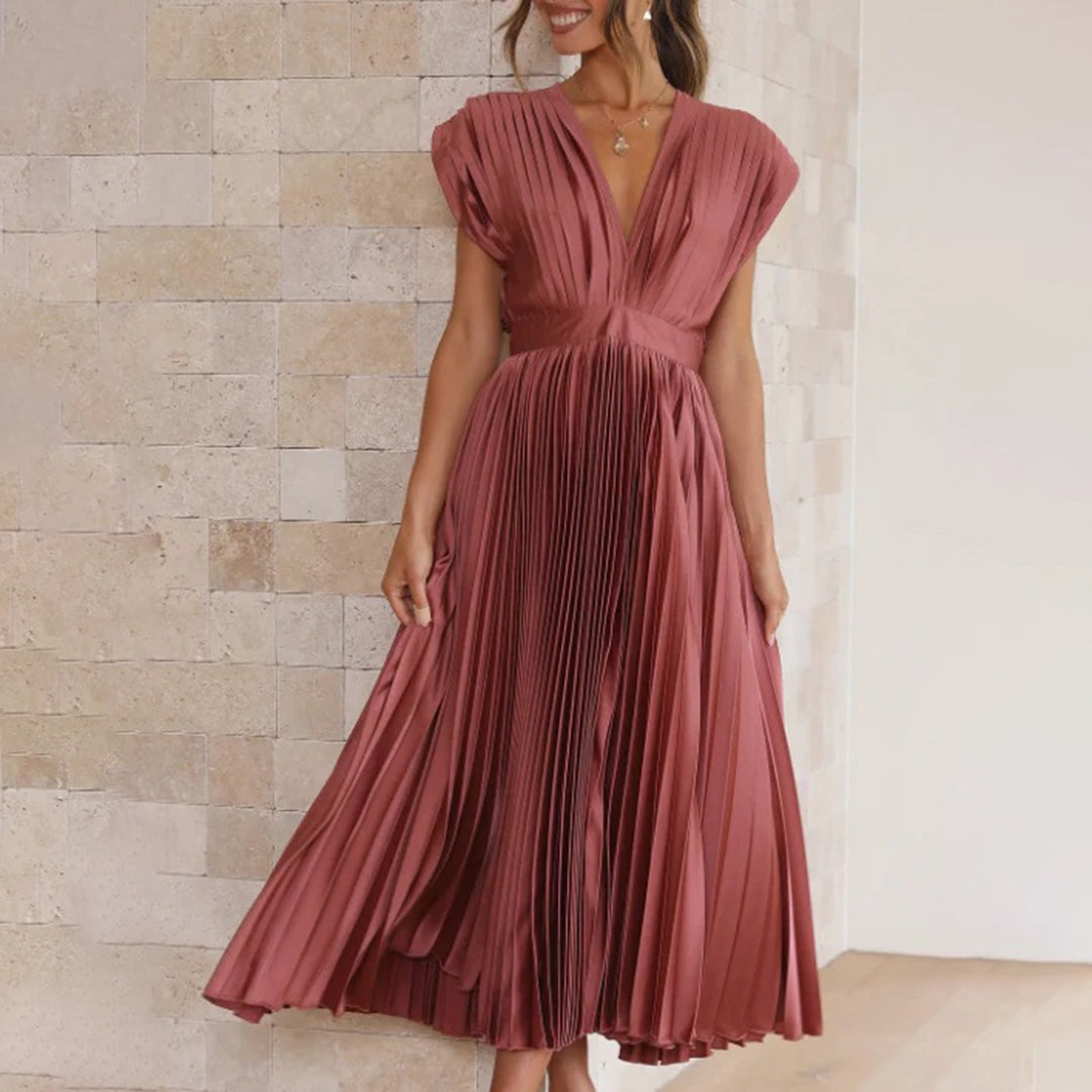 Pleated Deep V Midi Dress | Graceful Movement Meets Sculptural Elegance