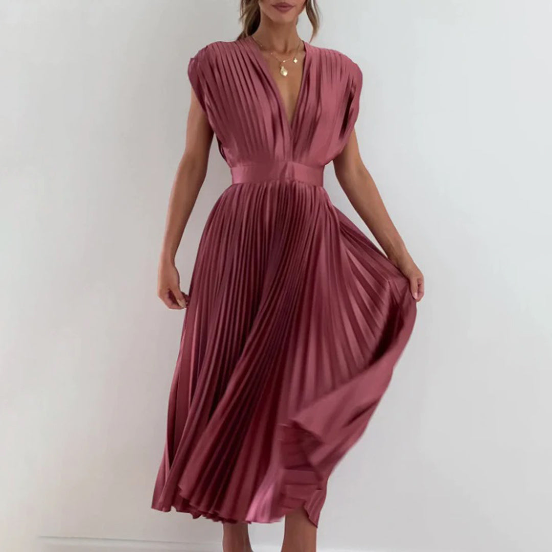 Pleated Deep V Midi Dress | Graceful Movement Meets Sculptural Elegance