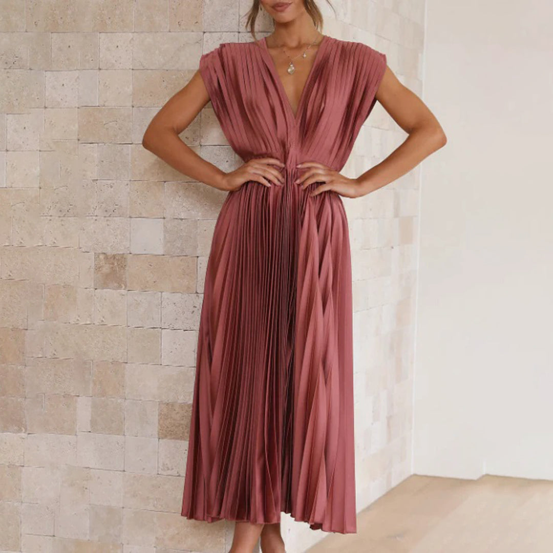 Pleated Deep V Midi Dress | Graceful Movement Meets Sculptural Elegance