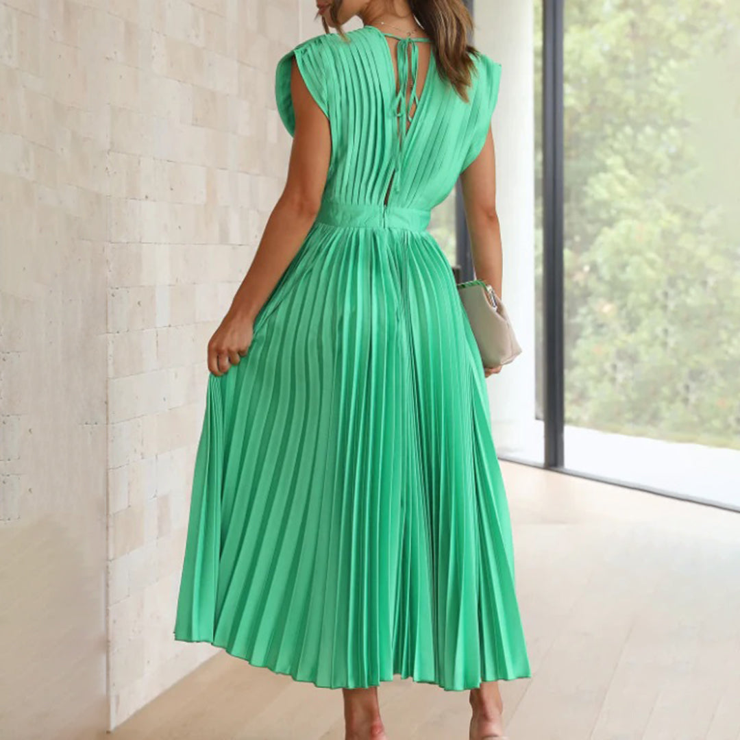Pleated Deep V Midi Dress | Graceful Movement Meets Sculptural Elegance