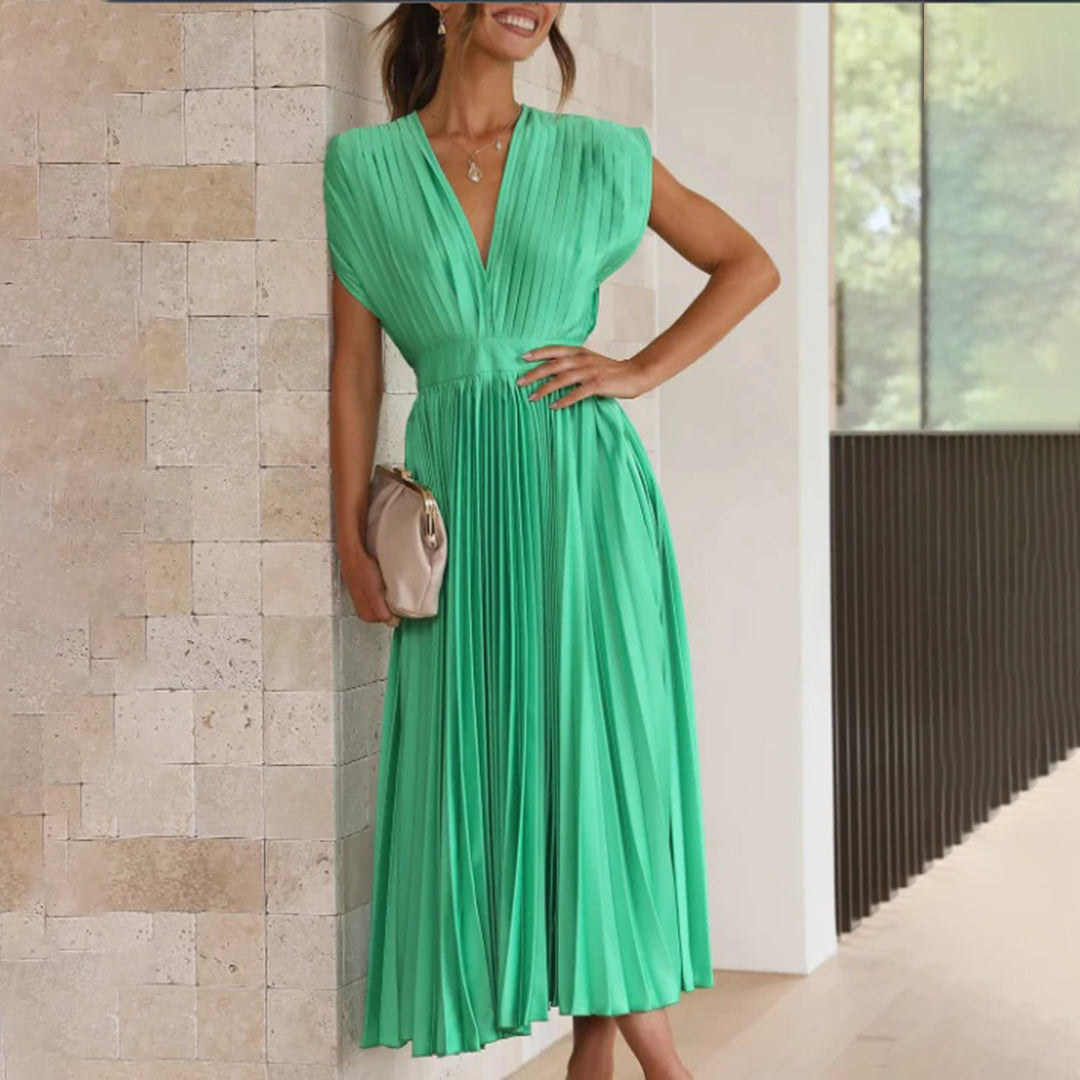 Pleated Deep V Midi Dress | Graceful Movement Meets Sculptural Elegance