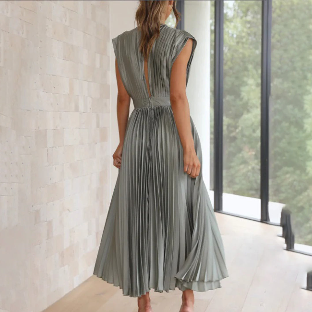Pleated Deep V Midi Dress | Graceful Movement Meets Sculptural Elegance