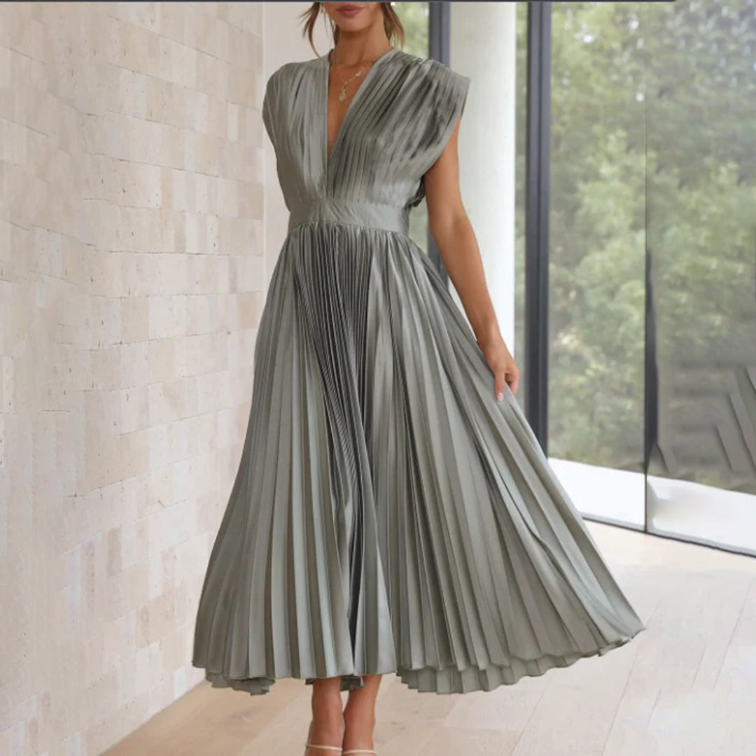 Pleated Deep V Midi Dress | Graceful Movement Meets Sculptural Elegance