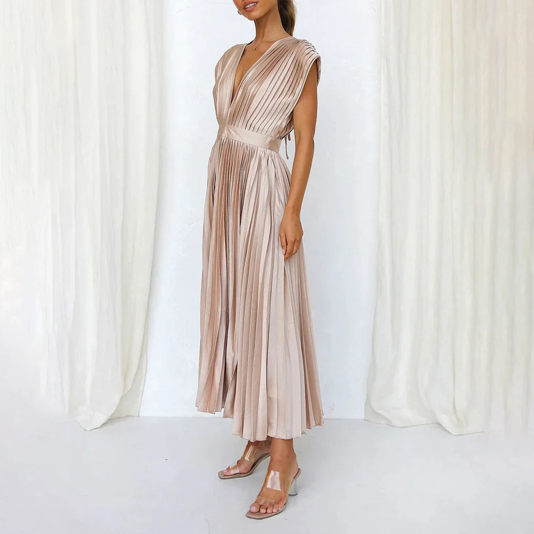 Pleated Deep V Midi Dress | Graceful Movement Meets Sculptural Elegance