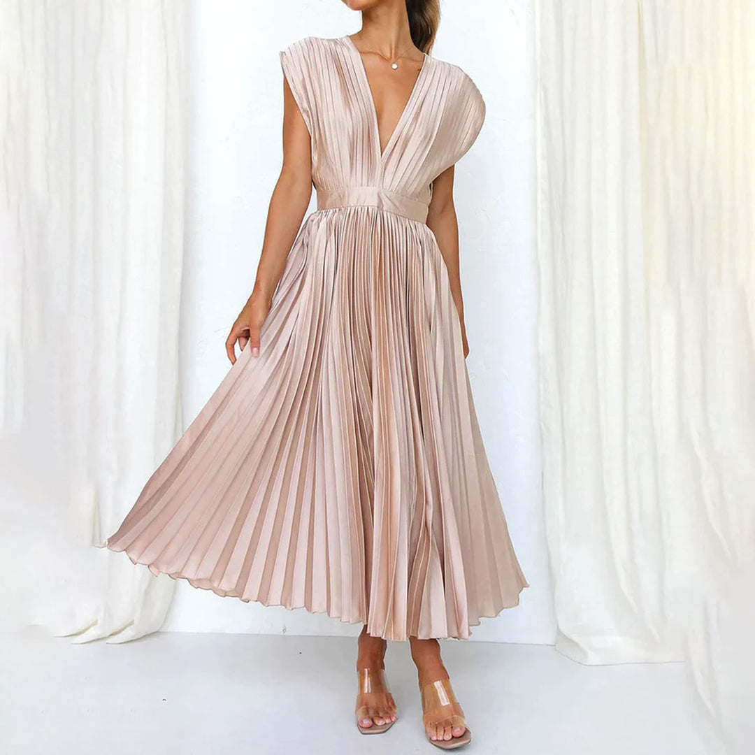 Pleated Deep V Midi Dress | Graceful Movement Meets Sculptural Elegance