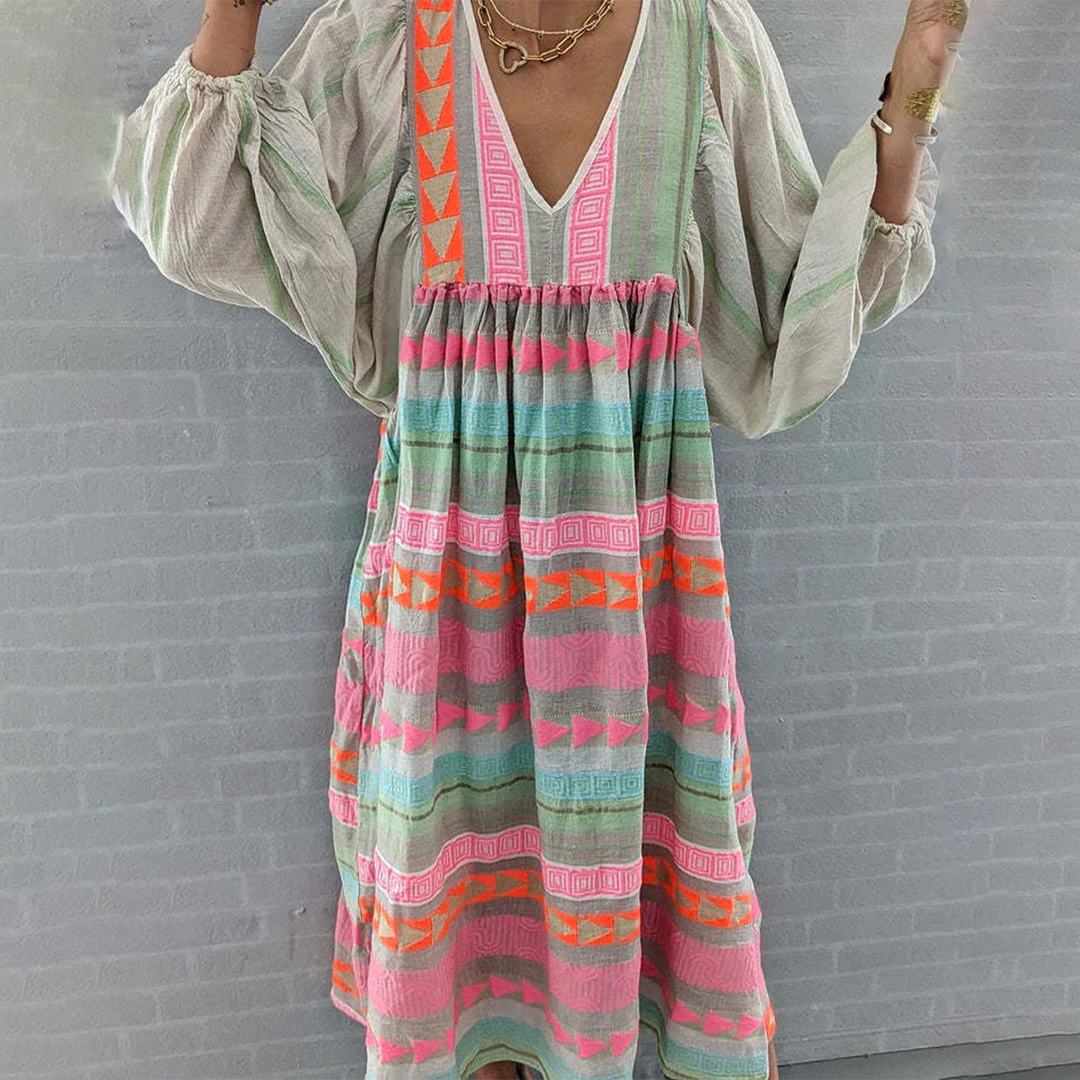 Boho Geo Embroidered Midi Dress | Artful Ease for Everyday