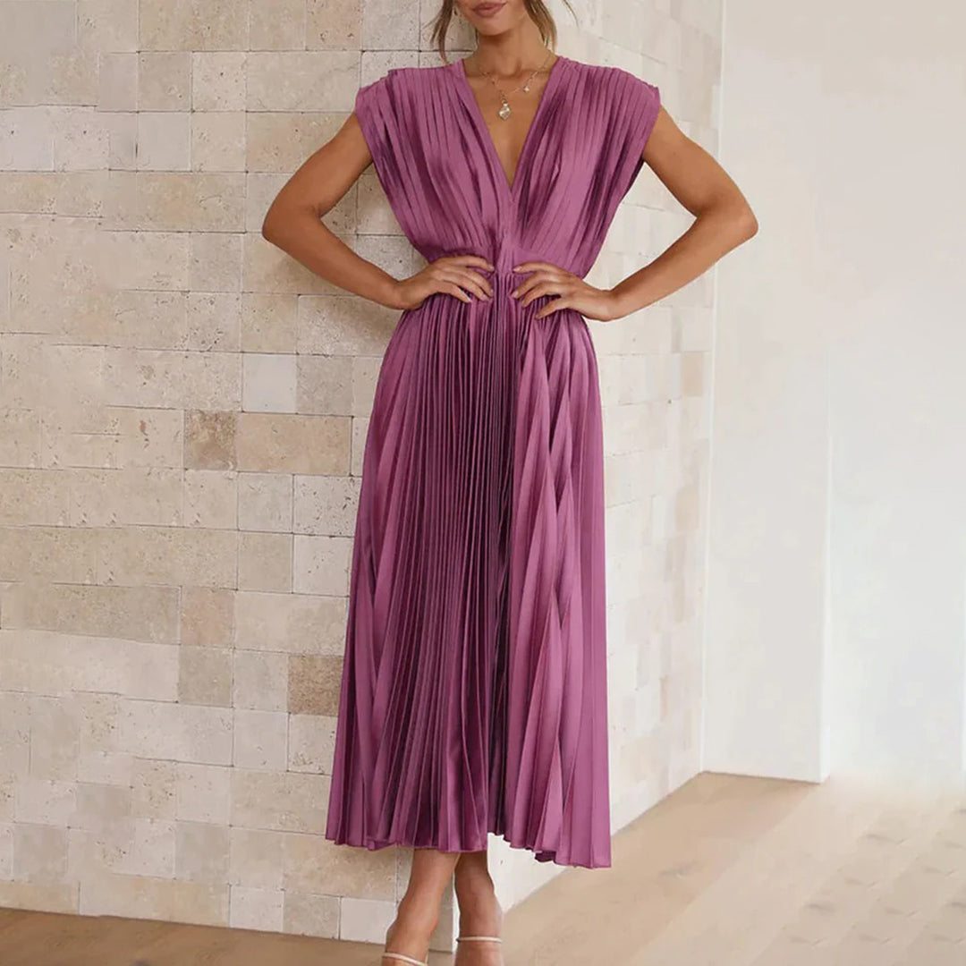 Pleated Deep V Midi Dress | Graceful Movement Meets Sculptural Elegance