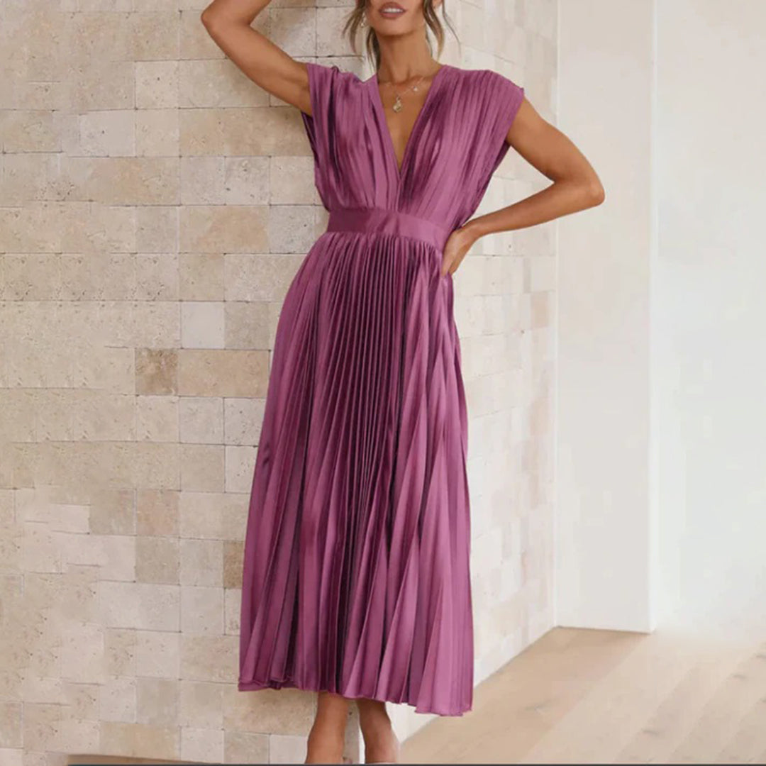 Pleated Deep V Midi Dress | Graceful Movement Meets Sculptural Elegance