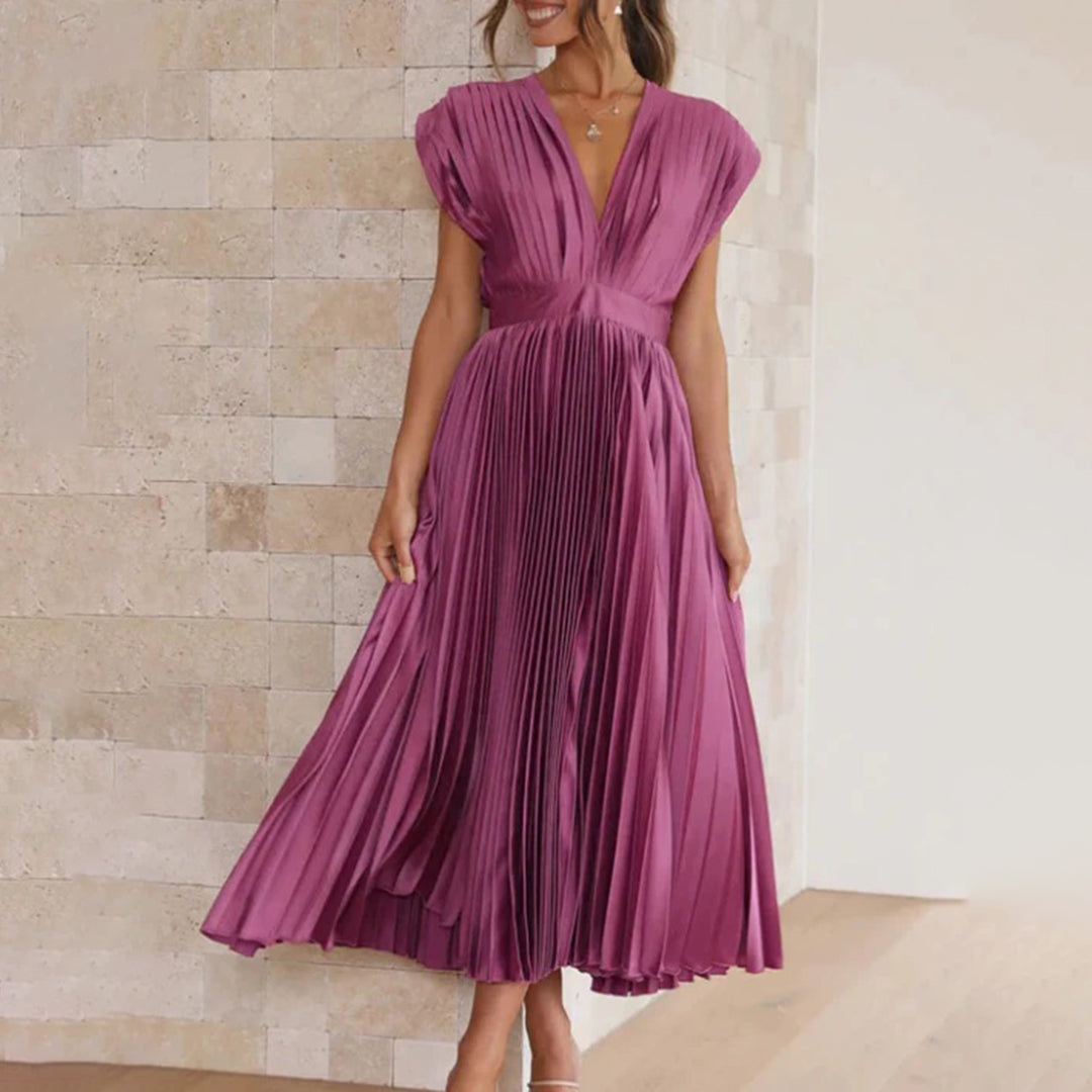 Pleated Deep V Midi Dress | Graceful Movement Meets Sculptural Elegance