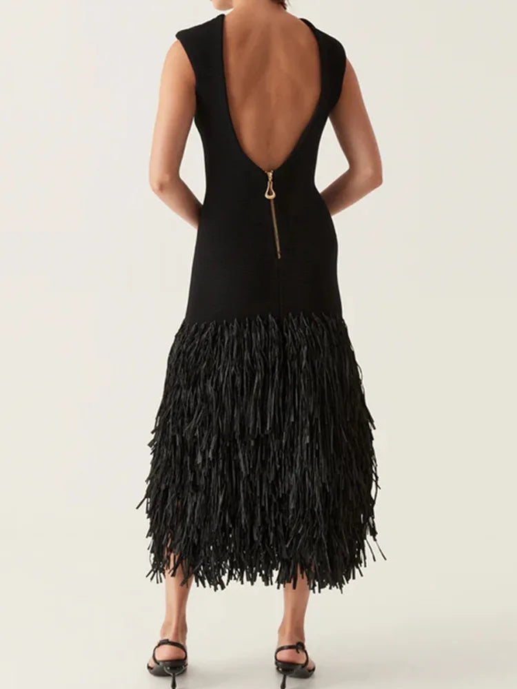 Midnight Fringe Knit Dress | Sculpted Fit | Statement Movement