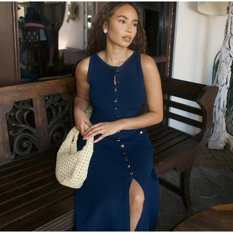 Chic Knit Midi Dress | Button-Front Detail | Modern Minimalism