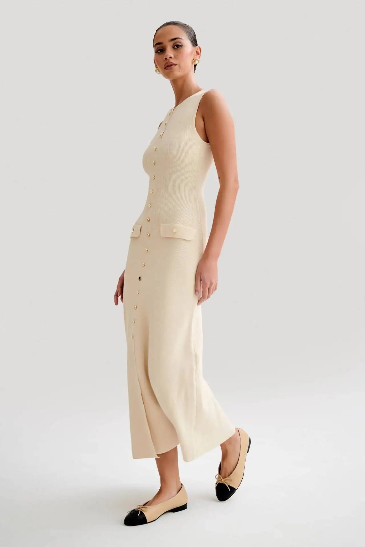 Chic Knit Midi Dress | Button-Front Detail | Modern Minimalism