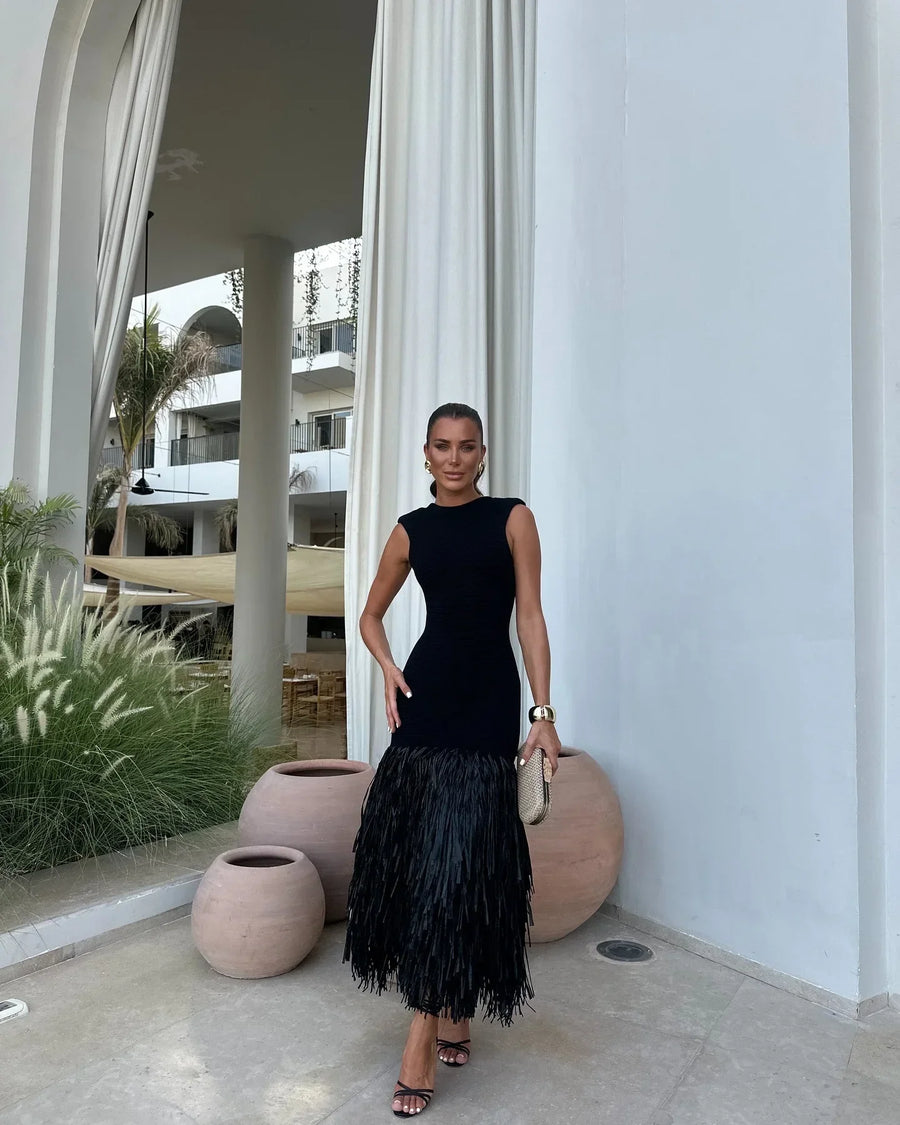 Midnight Fringe Knit Dress | Sculpted Fit | Statement Movement