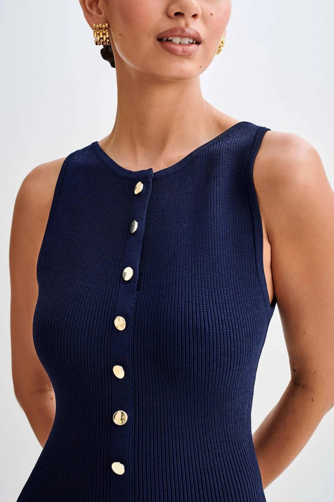 Chic Knit Midi Dress | Button-Front Detail | Modern Minimalism