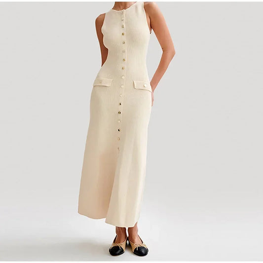 Chic Knit Midi Dress | Button-Front Detail | Modern Minimalism