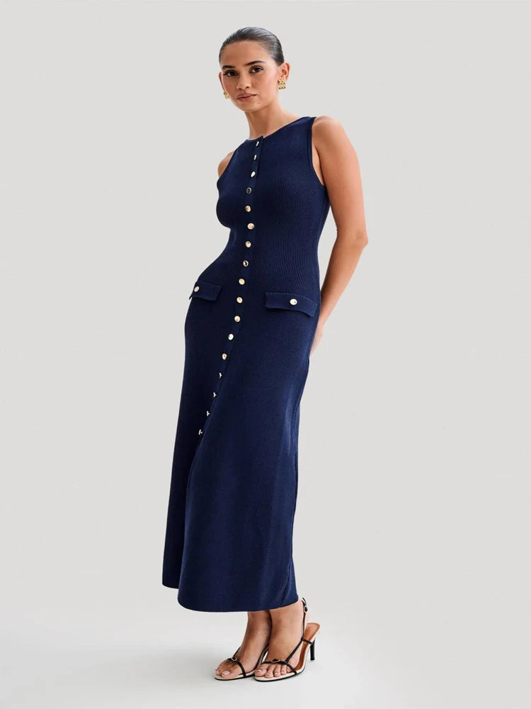 Chic Knit Midi Dress | Button-Front Detail | Modern Minimalism