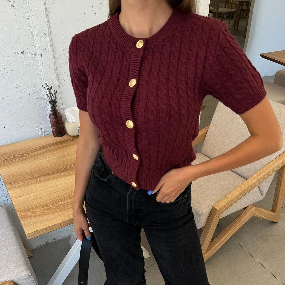 Cable Knit Button-Up Cardigan Tee | Short Sleeve Retro Top in Multiple Colors