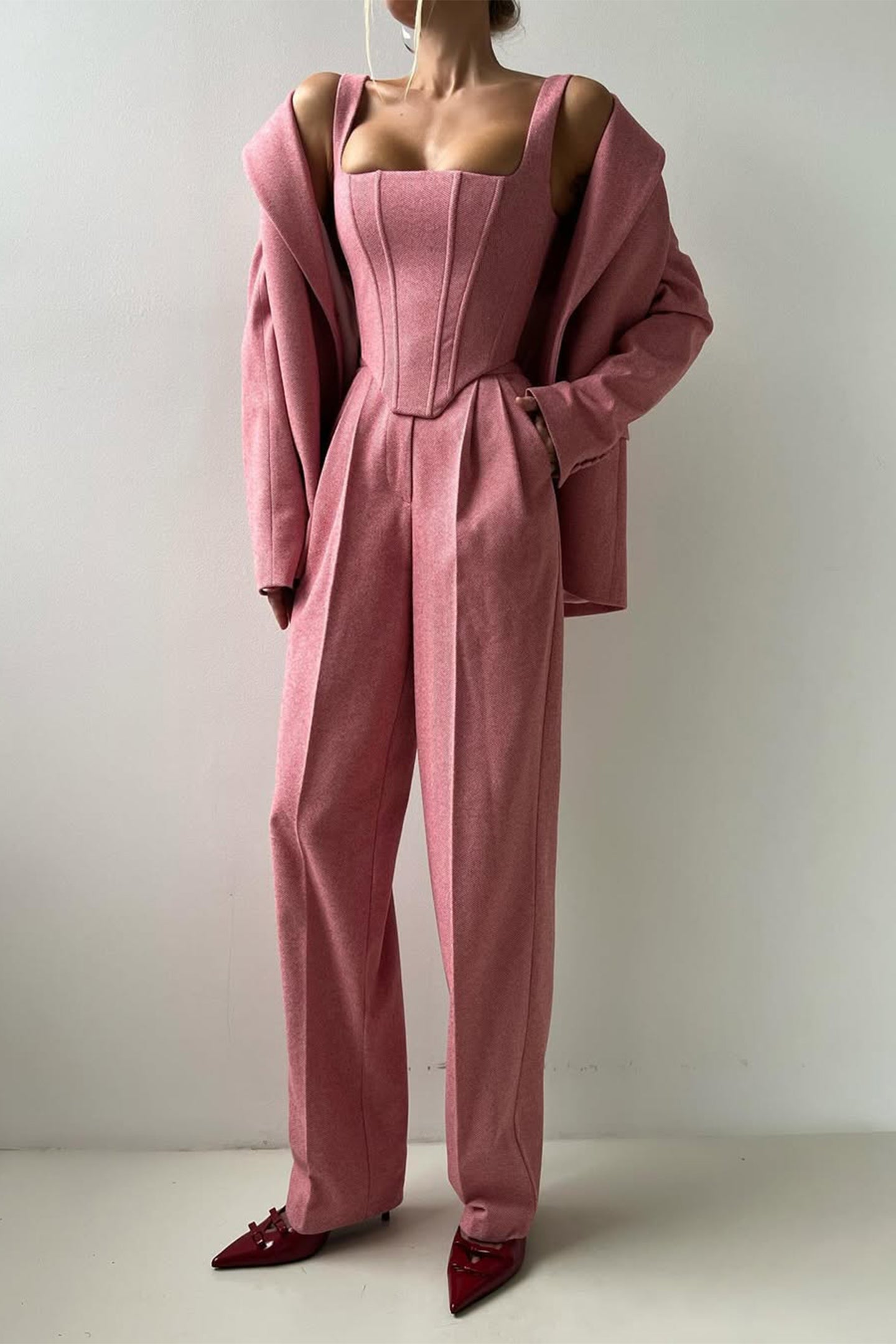 Structured Herringbone Three-Piece Set | Tailored Power Look