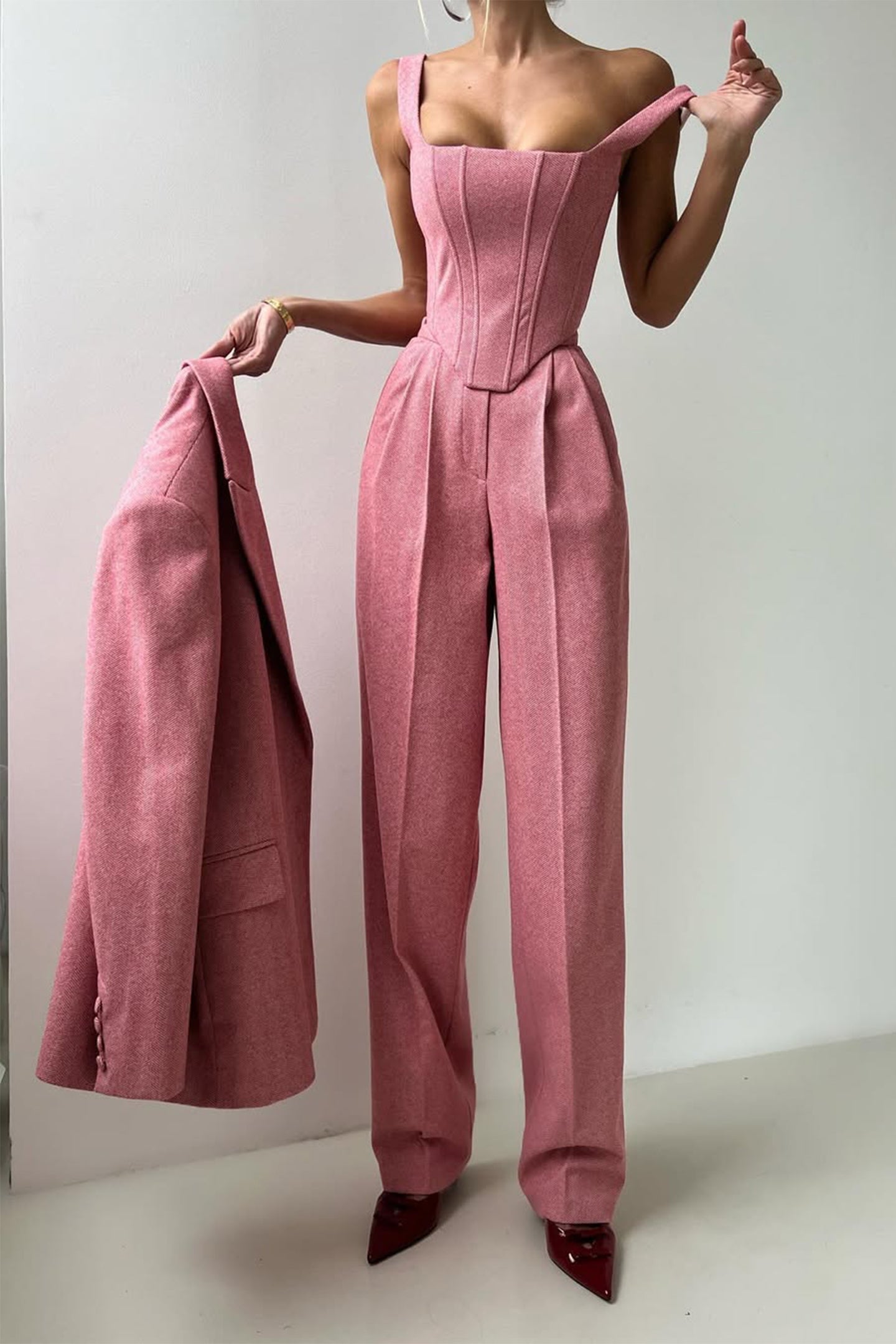 Structured Herringbone Three-Piece Set | Tailored Power Look