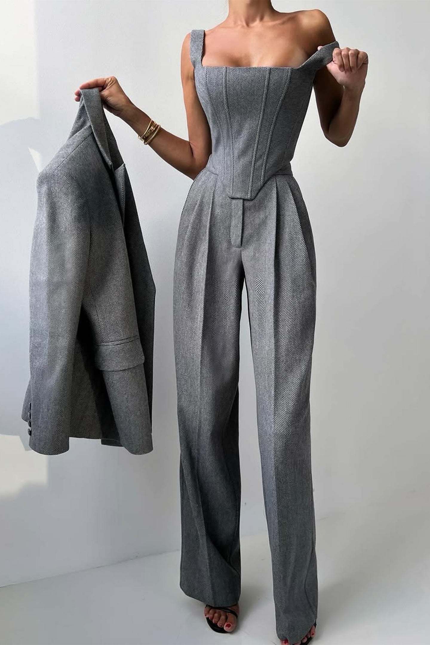 Structured Herringbone Three-Piece Set | Tailored Power Look