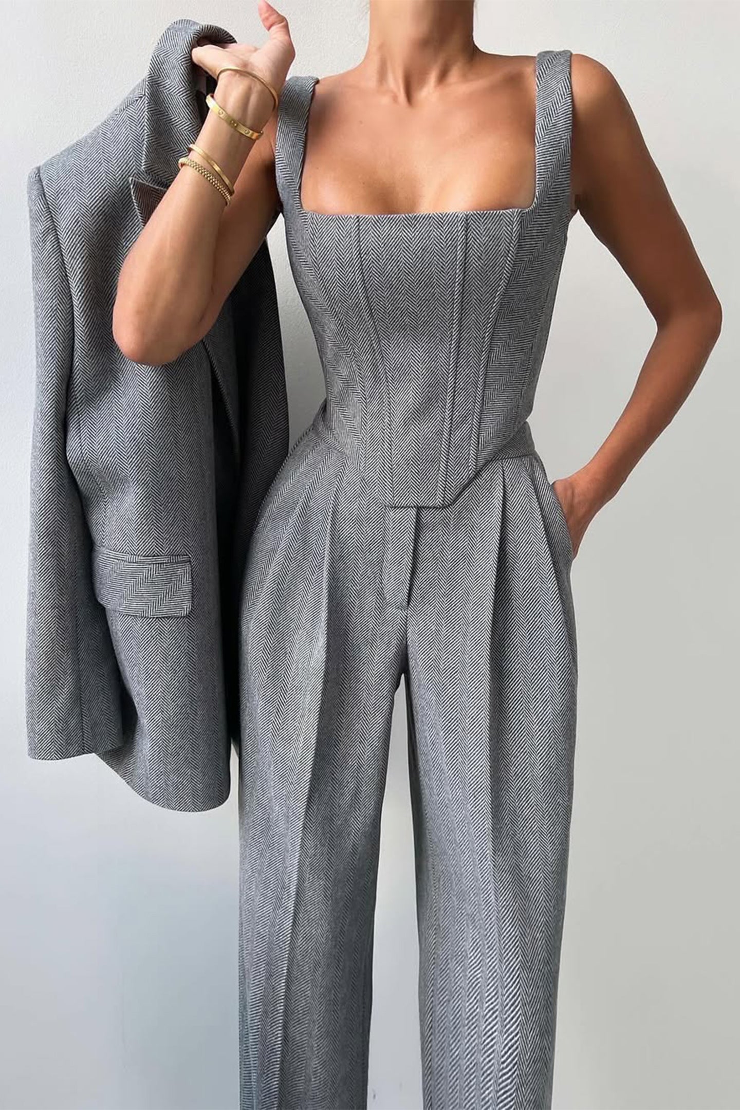 Structured Herringbone Three-Piece Set | Tailored Power Look