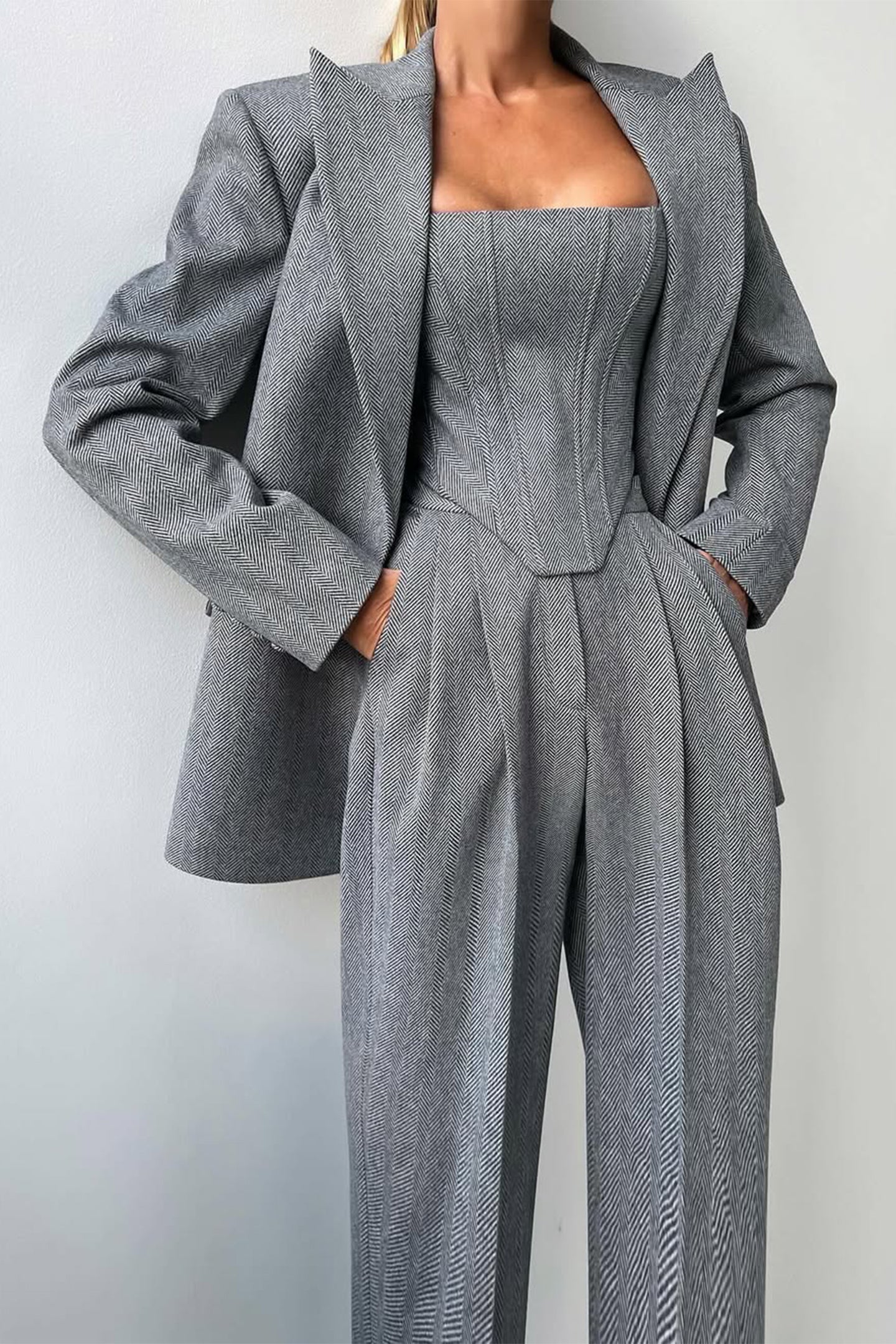 Structured Herringbone Three-Piece Set | Tailored Power Look