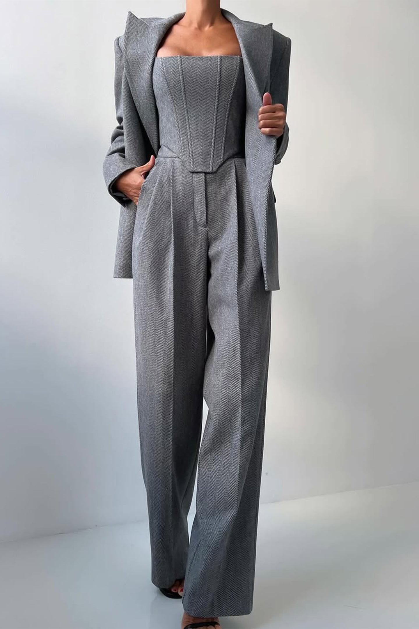 Structured Herringbone Three-Piece Set | Tailored Power Look