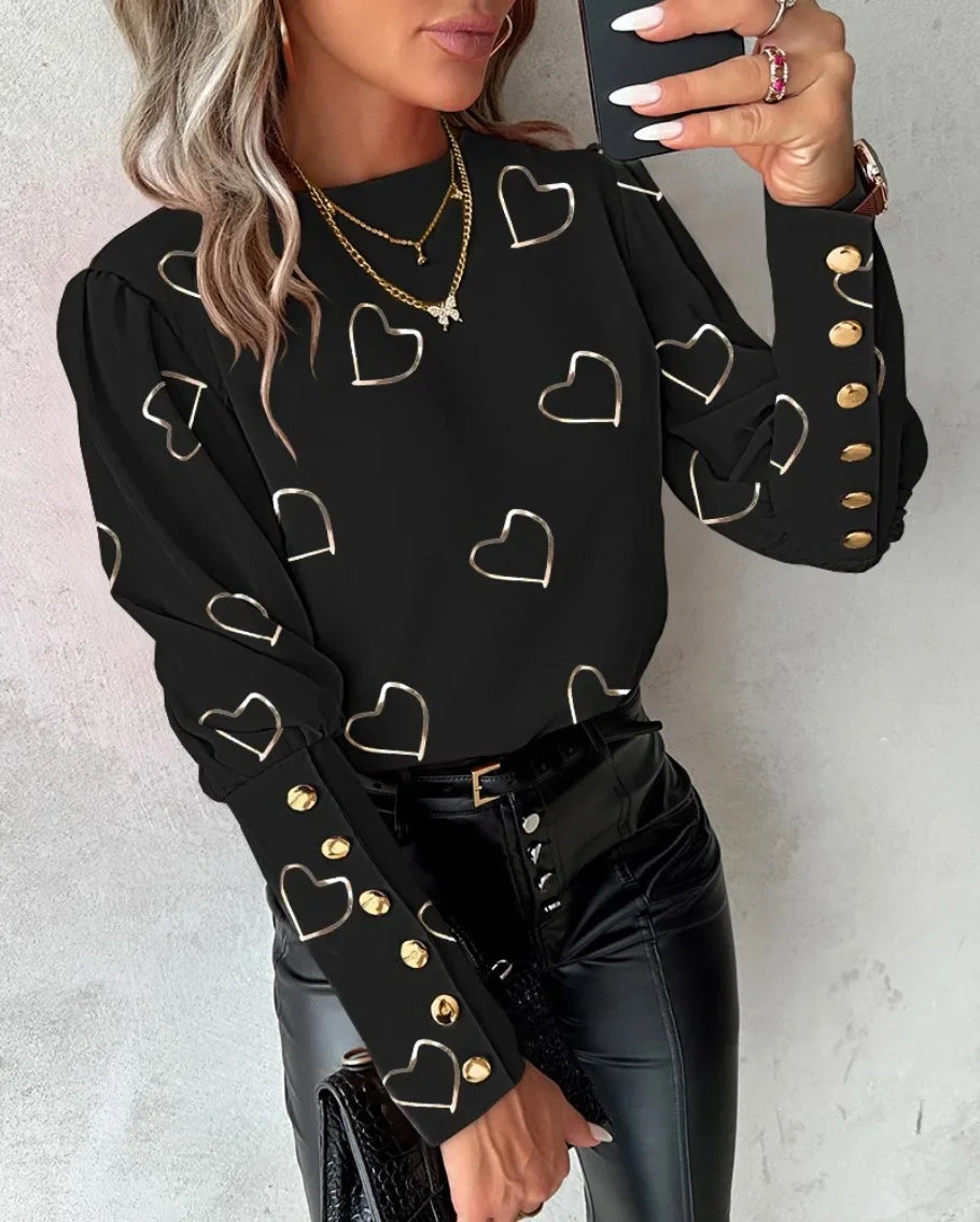 Heart-Print Blouse | Button Detail | Casual and Feminine