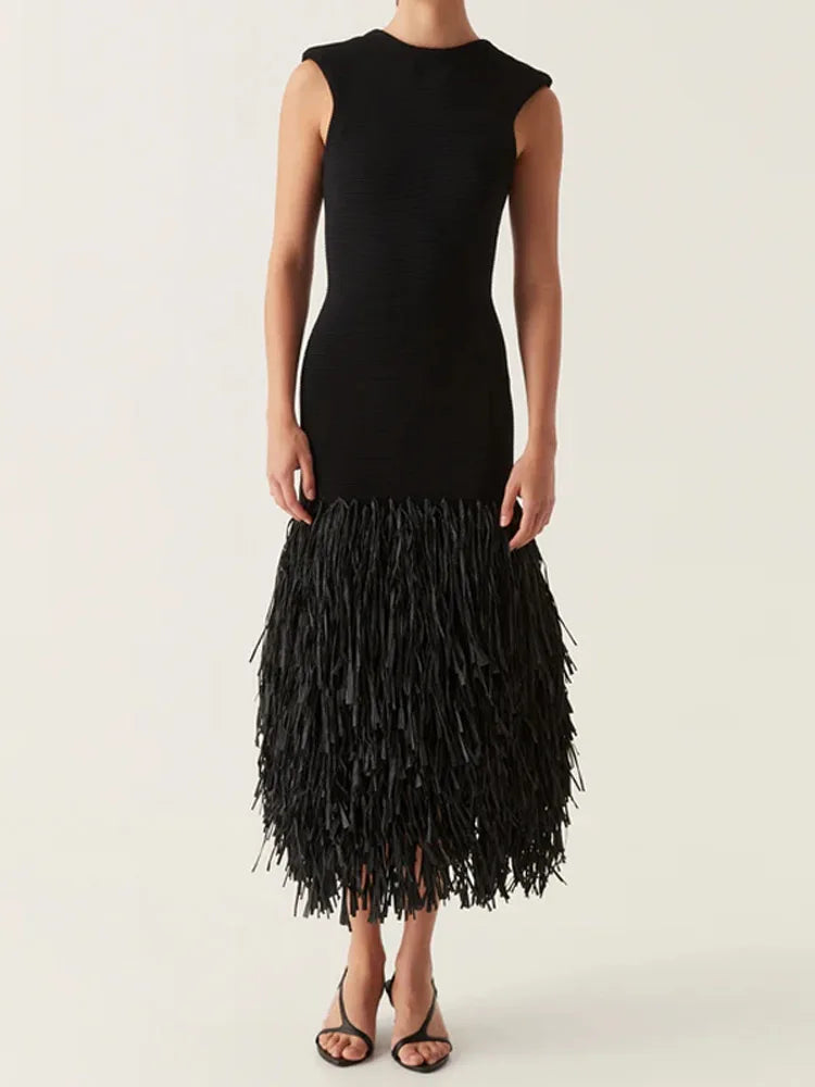 Midnight Fringe Knit Dress | Sculpted Fit | Statement Movement