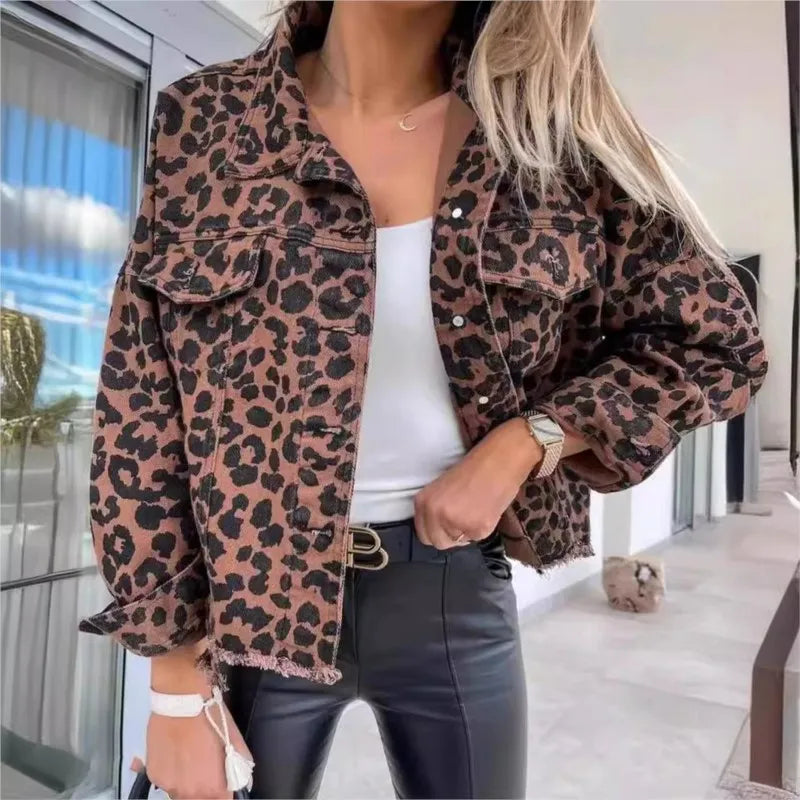 Brown Denim Jacket | Leopard Print Detail | Bold and Trendy