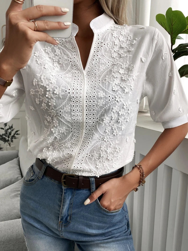 Embroidered Elegance Blouse | Feminine Texture | Polished Simplicity