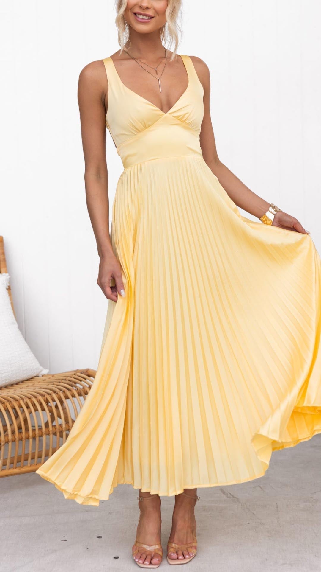 Pleated V-Neck Midi Dress | Effortless Elegance