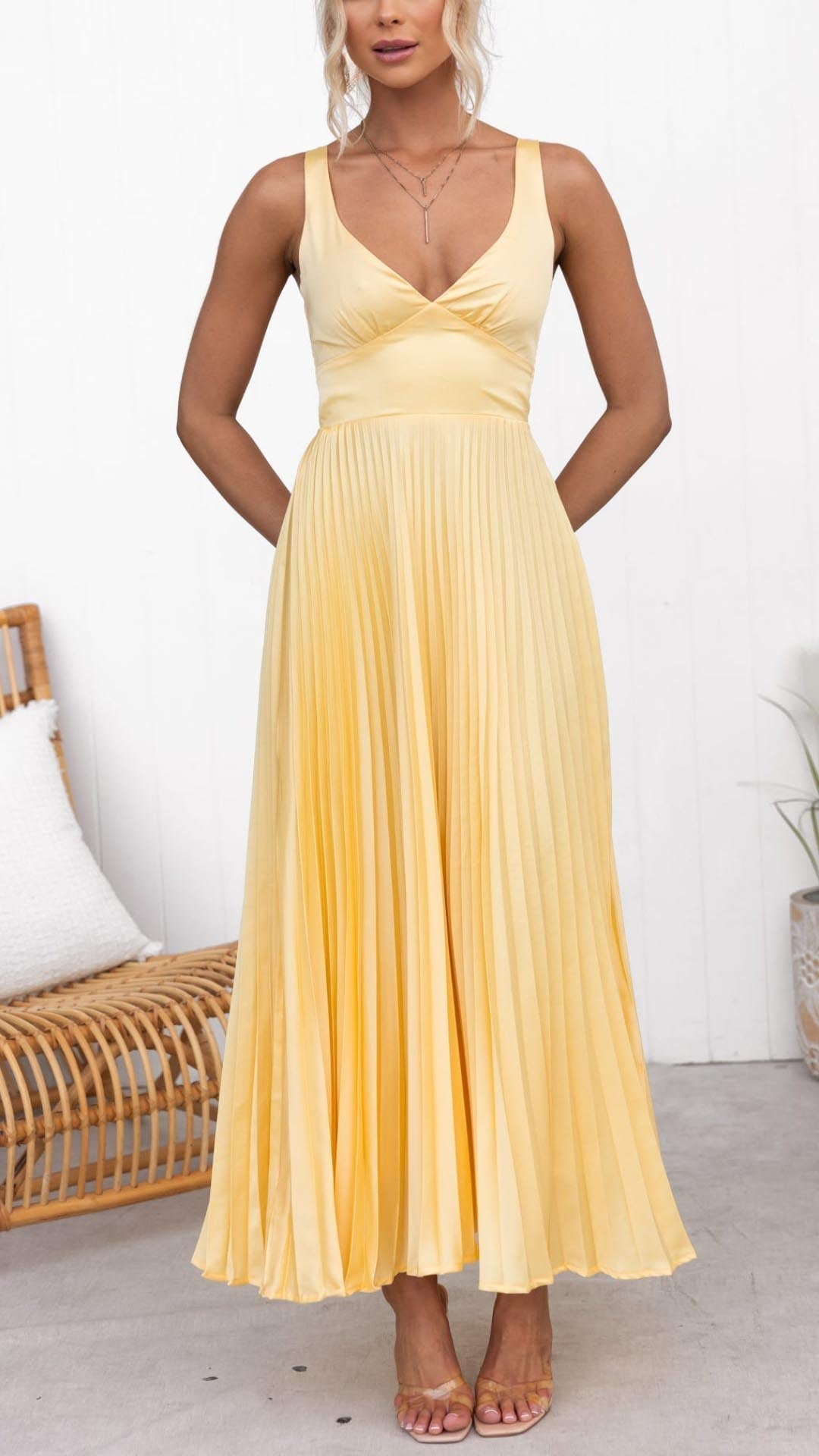 Pleated V-Neck Midi Dress | Effortless Elegance