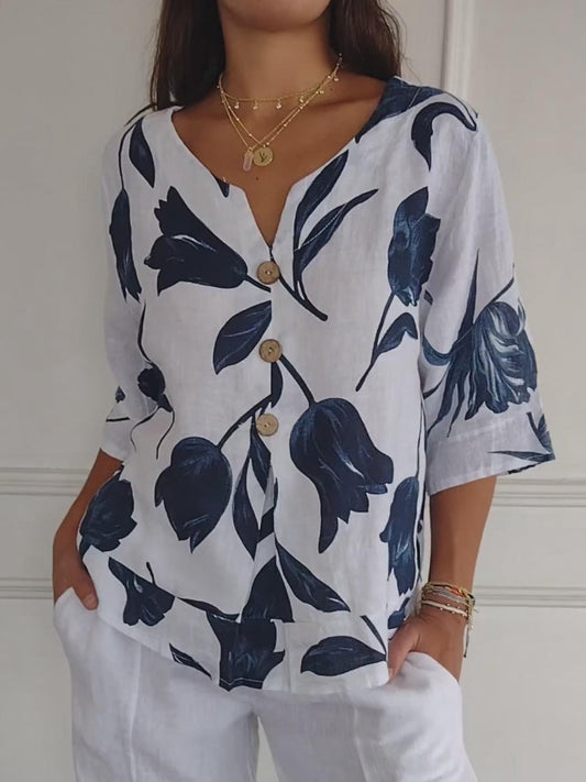 Botanical Breeze Linen Blouse | Bold Print | Relaxed Summer Fit