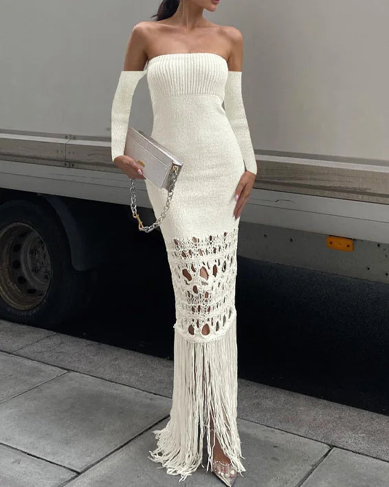 Boho Luxe Knit Dress | Fringe Drama | Crochet Detailing