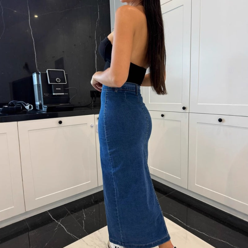 High-Slit Button Denim Skirt | Effortless Edge Meets Everyday Style