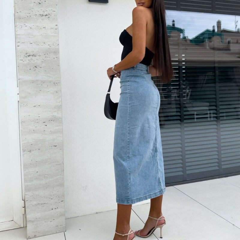 High-Slit Button Denim Skirt | Effortless Edge Meets Everyday Style