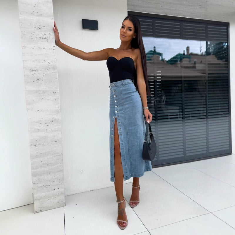 High-Slit Button Denim Skirt | Effortless Edge Meets Everyday Style
